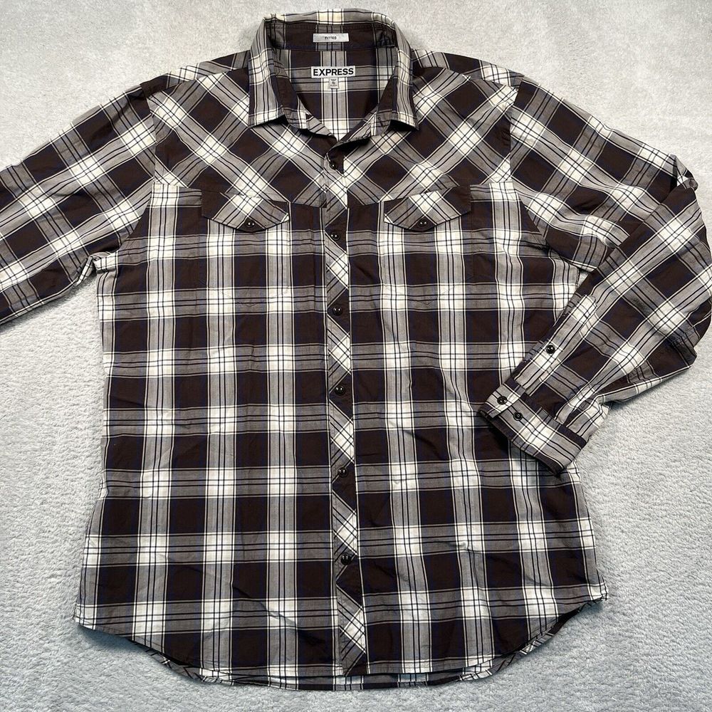 Express‎ Button Down Mens XL Brown Plaid Pearl Snap Western Fitted Shirt